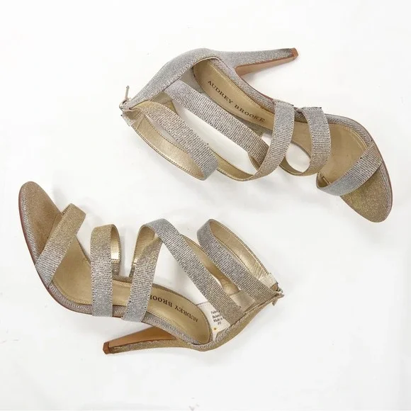 Audrey Brooke Gold Metallic Sparkly AB Shanice Wide Strappy Heels Sz 8.5 - Picture 6 of 11